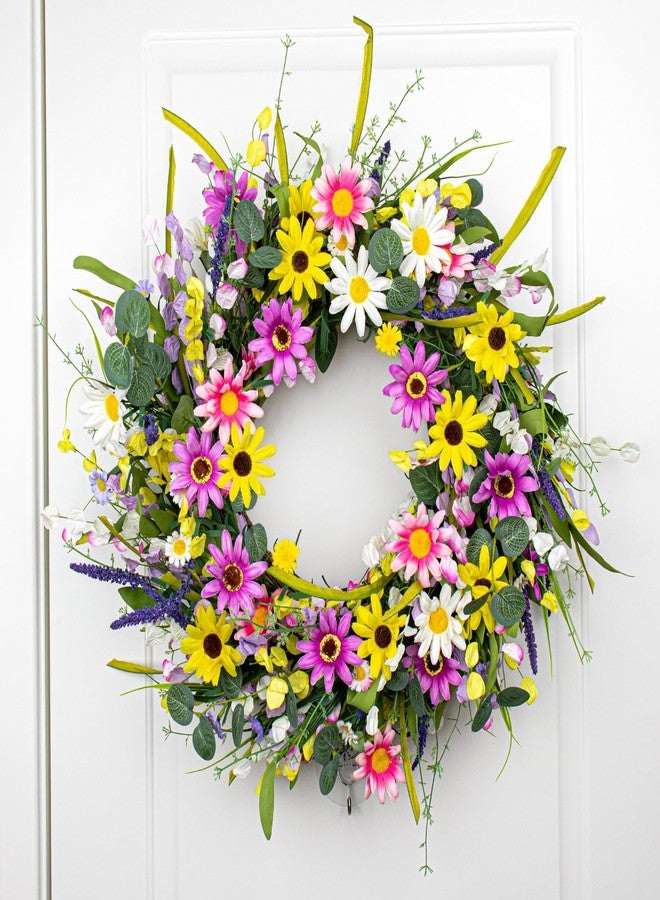 Yawwind 22 Inches Summer Wreaths for Front Door Spring Flower Wreaths Summer Door Wreath Colorful Wildflower Wreath with Daisy Lavender for Window Indoors Outdoor Decor - Image 2
