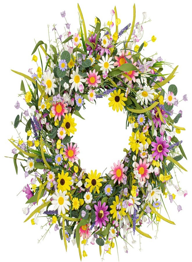 Yawwind 22 Inches Summer Wreaths for Front Door Spring Flower Wreaths Summer Door Wreath Colorful Wildflower Wreath with Daisy Lavender for Window Indoors Outdoor Decor - Image 1