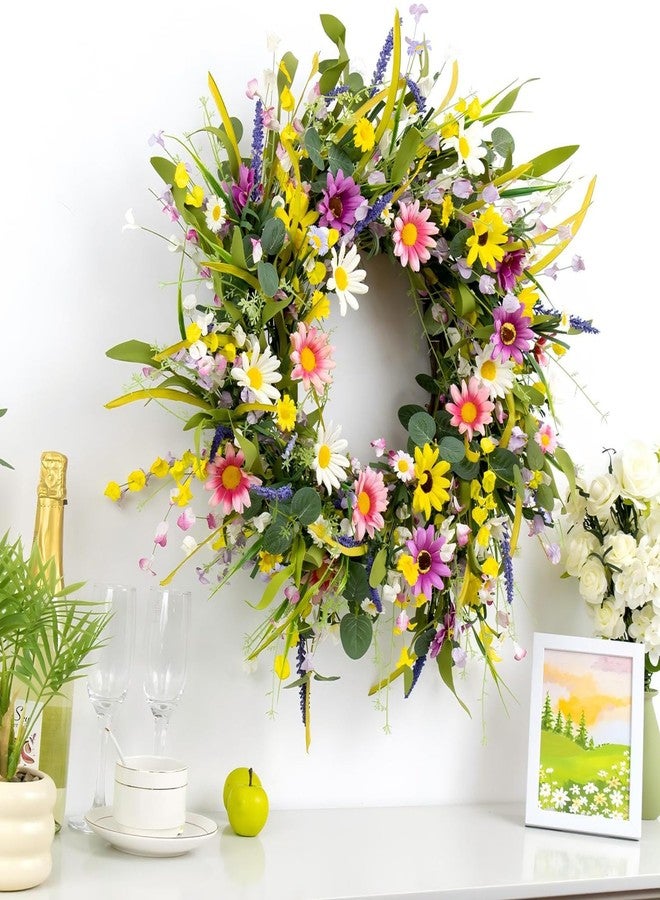 Yawwind 22 Inches Summer Wreaths for Front Door Spring Flower Wreaths Summer Door Wreath Colorful Wildflower Wreath with Daisy Lavender for Window Indoors Outdoor Decor - Image 4