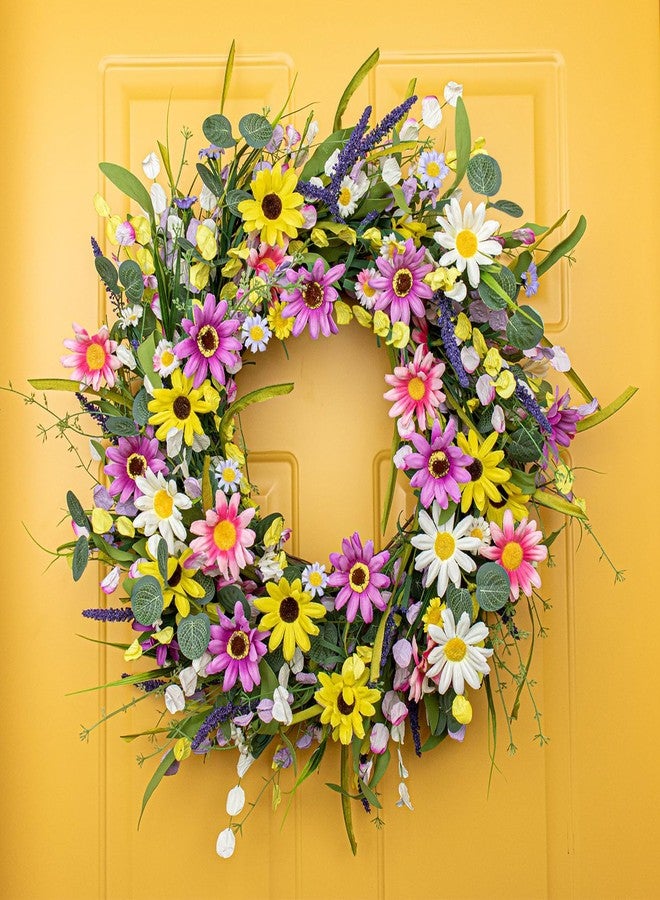 Yawwind 22 Inches Summer Wreaths for Front Door Spring Flower Wreaths Summer Door Wreath Colorful Wildflower Wreath with Daisy Lavender for Window Indoors Outdoor Decor - Image 5