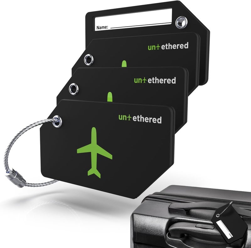 Untethered مجموعة علامات أمتعة غير مقيدة مكونة من 4 قطع | علامات أمتعة، علامات أمتعة للحقائب، علامة حقيبة، علامات أمتعة 4 قطع، علامات حقائب سفر، معرفات حقائب سفر للأمتعة، علامات اسم للسفر للأمتعة (أسود) - Image 1