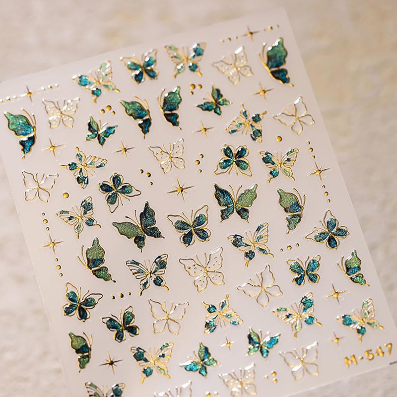 LYLYNB Butterfly Nail Art Stickers Decals, 5D Embossed Nail Art Supplies Cute Nail Design Green Butterfly Nail Decals for Nail Art Self Adhesive Gold Butterfly Nail Stickers for Women DIY Manicure Art 1Pcs - Image 3