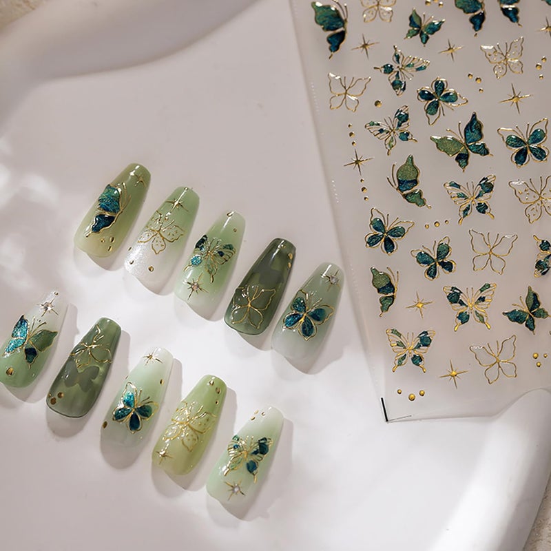 LYLYNB Butterfly Nail Art Stickers Decals, 5D Embossed Nail Art Supplies Cute Nail Design Green Butterfly Nail Decals for Nail Art Self Adhesive Gold Butterfly Nail Stickers for Women DIY Manicure Art 1Pcs - Image 4