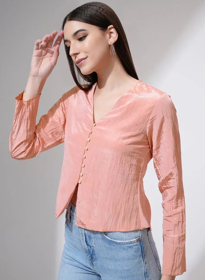 Tokyo Talkies Tokyo Talkies Textured V-Neck Buttoned Top
