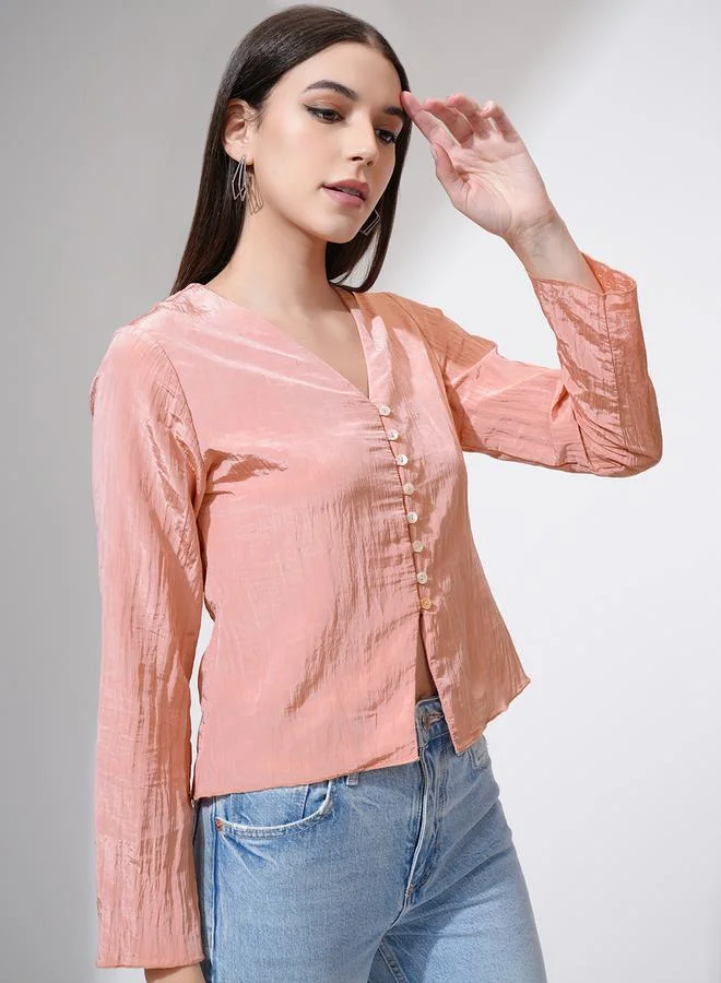 Tokyo Talkies Tokyo Talkies Textured V-Neck Buttoned Top