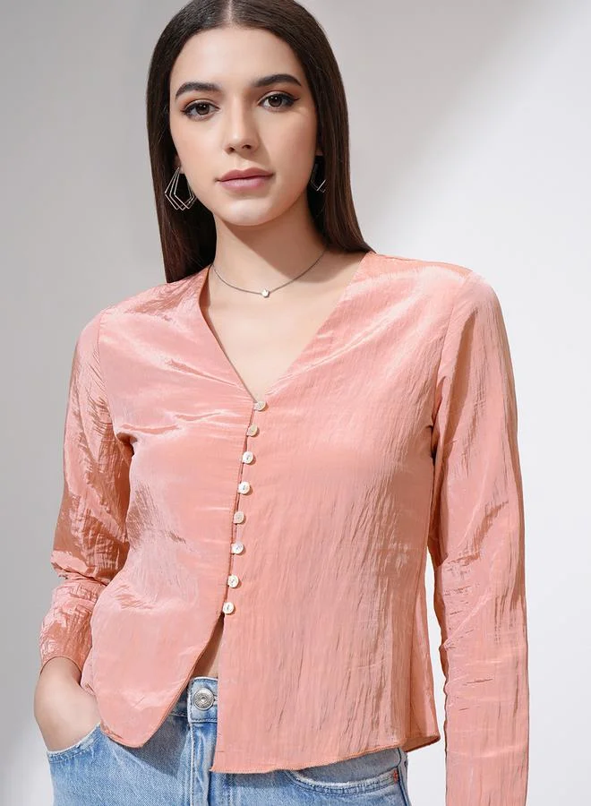 Tokyo Talkies Tokyo Talkies Textured V-Neck Buttoned Top