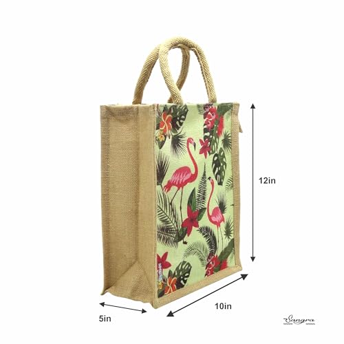 Sangra Multicolor Jute Lunch Bags for Men & Women – Small, Zippered with Handle (Set of 2) (Flamingo) - Image 2