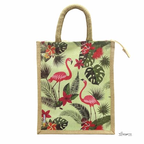 Sangra Multicolor Jute Lunch Bags for Men & Women – Small, Zippered with Handle (Set of 2) (Flamingo) - Image 3