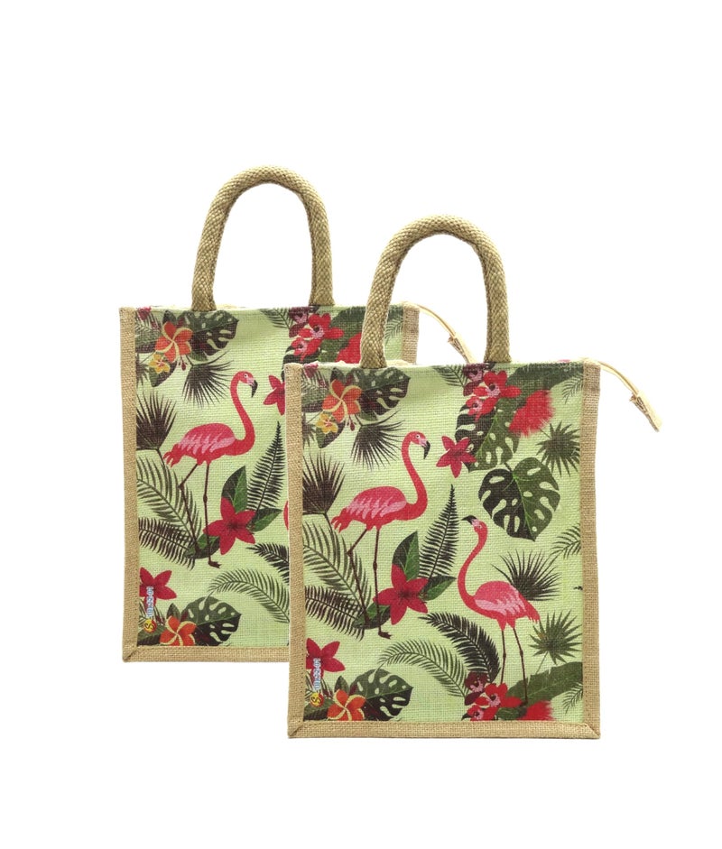 Sangra Multicolor Jute Lunch Bags for Men & Women – Small, Zippered with Handle (Set of 2) (Flamingo) - Image 1