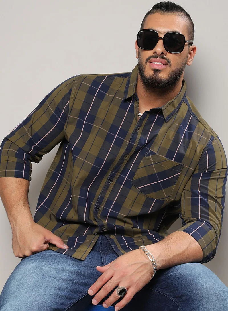 Instafab Plus Instafab Plus Men's Olive Green Tartan Plaid Shirt For Casual Wear | Spread Collar | Long Sleeve | Button Closure | Cotton Shirts Crafted With Comfort Fit For Everyday Wear