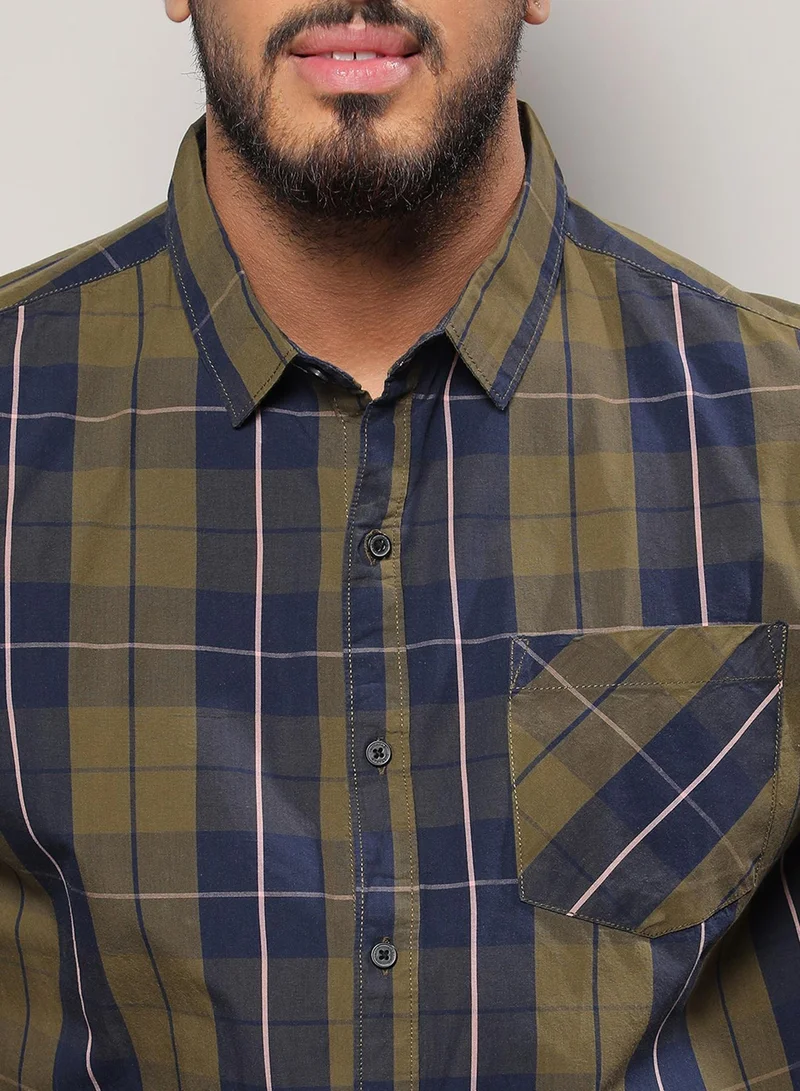 Instafab Plus  Instafab Plus Men's Olive Green Tartan Plaid Shirt For Casual Wear | Spread Collar | Long Sleeve | Button Closure | Cotton Shirts Crafted With Comfort Fit For Everyday Wear for Men | Best Price UAE