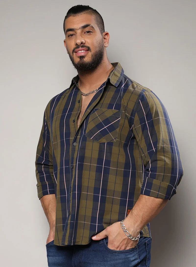 Instafab Plus  Instafab Plus Men's Olive Green Tartan Plaid Shirt For Casual Wear | Spread Collar | Long Sleeve | Button Closure | Cotton Shirts Crafted With Comfort Fit For Everyday Wear for Men | Best Price UAE