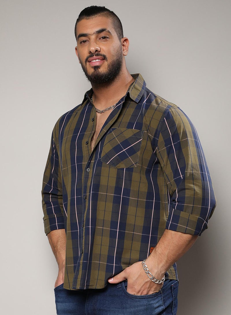 Instafab Plus Men's Olive Green Tartan Plaid Shirt For Casual Wear | Spread Collar | Long Sleeve | Button Closure | Cotton Shirts Crafted With Comfort Fit For Everyday Wear - Image 3