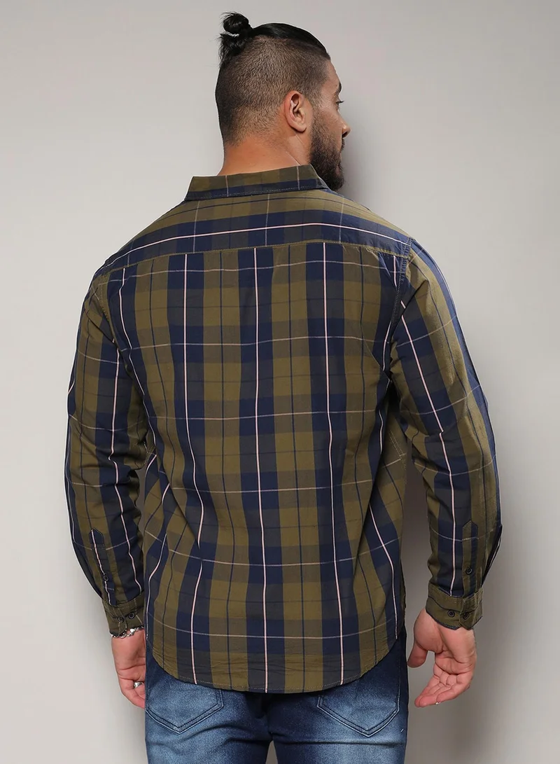 Instafab Plus  Instafab Plus Men's Olive Green Tartan Plaid Shirt For Casual Wear | Spread Collar | Long Sleeve | Button Closure | Cotton Shirts Crafted With Comfort Fit For Everyday Wear for Men | Best Price UAE