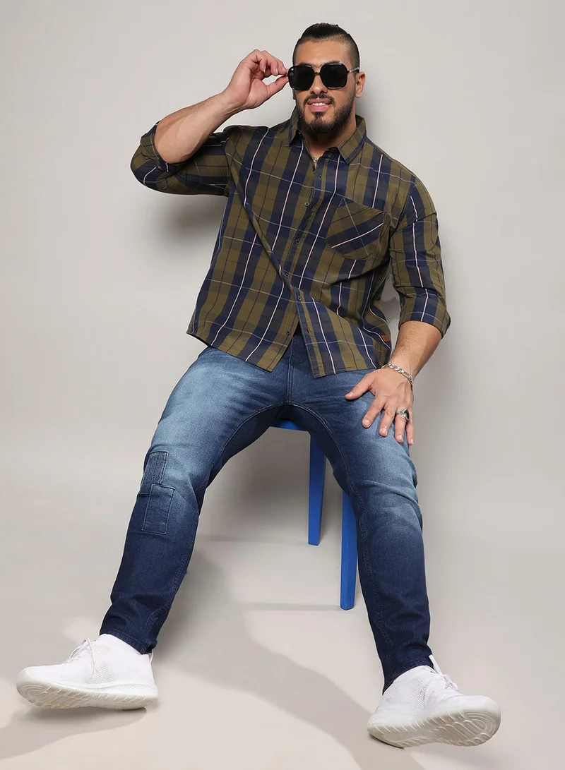 Instafab Plus  Instafab Plus Men's Olive Green Tartan Plaid Shirt For Casual Wear | Spread Collar | Long Sleeve | Button Closure | Cotton Shirts Crafted With Comfort Fit For Everyday Wear for Men | Best Price UAE