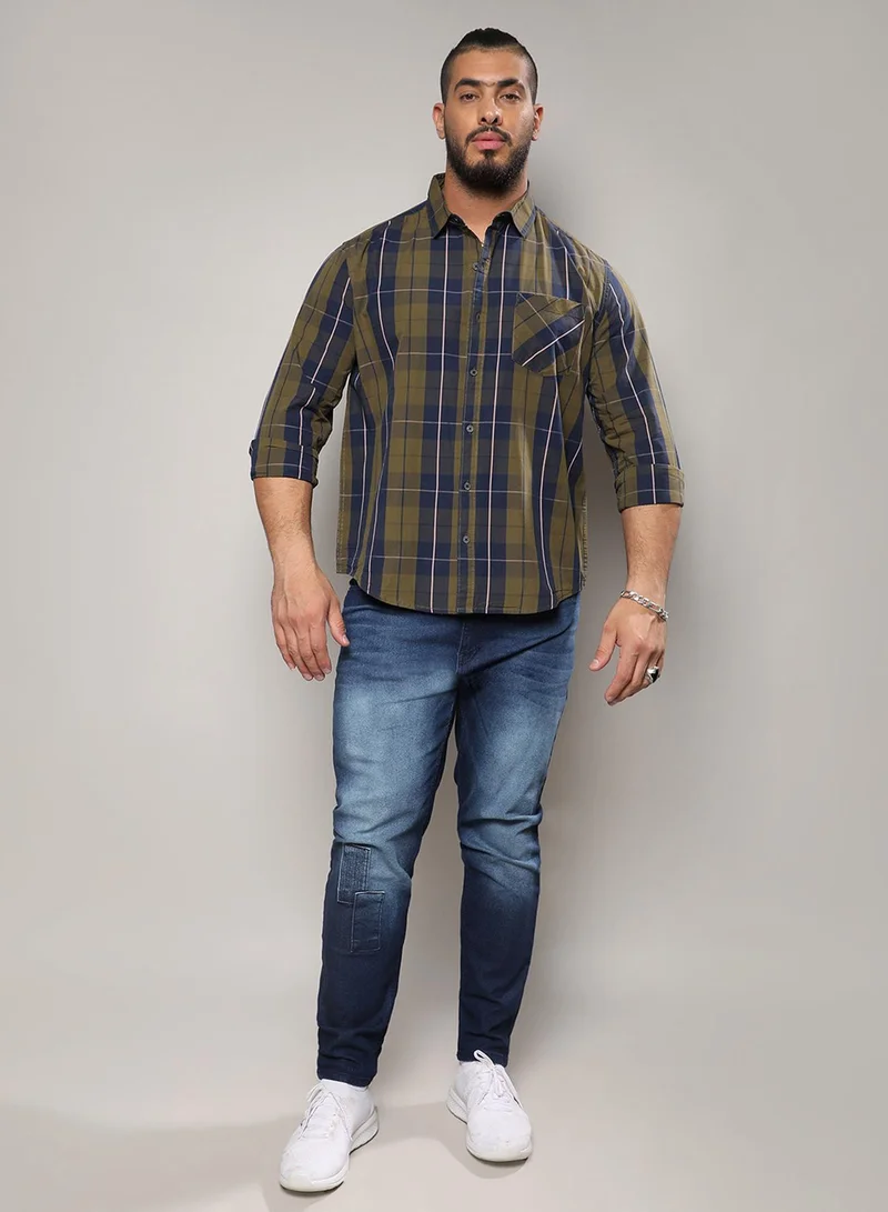 Instafab Plus  Instafab Plus Men's Olive Green Tartan Plaid Shirt For Casual Wear | Spread Collar | Long Sleeve | Button Closure | Cotton Shirts Crafted With Comfort Fit For Everyday Wear for Men | Best Price UAE