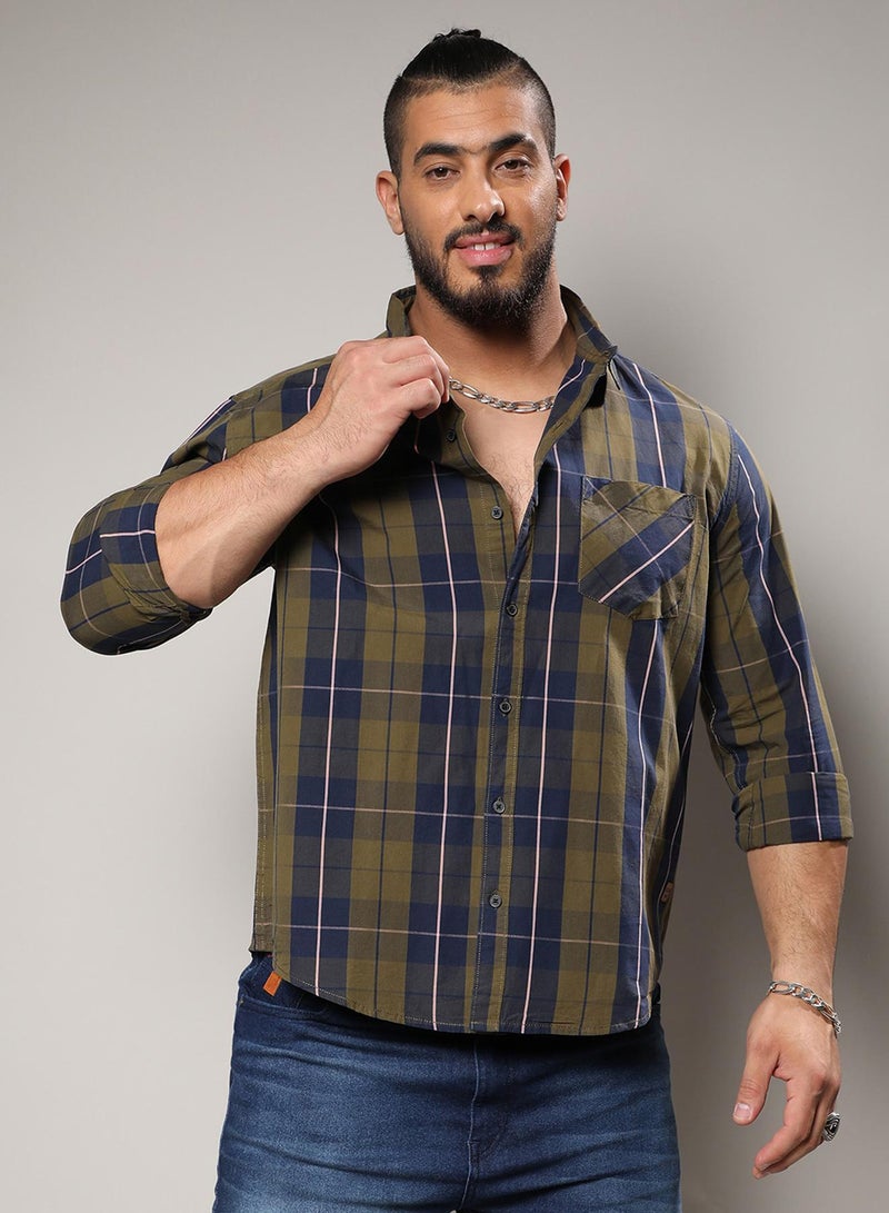 Instafab Plus Men's Olive Green Tartan Plaid Shirt For Casual Wear | Spread Collar | Long Sleeve | Button Closure | Cotton Shirts Crafted With Comfort Fit For Everyday Wear - Image 1