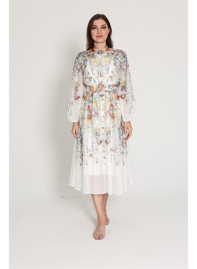 اكسا فستان متوسط الطول بنقشة الزهور وحزام بيج - Image 1
