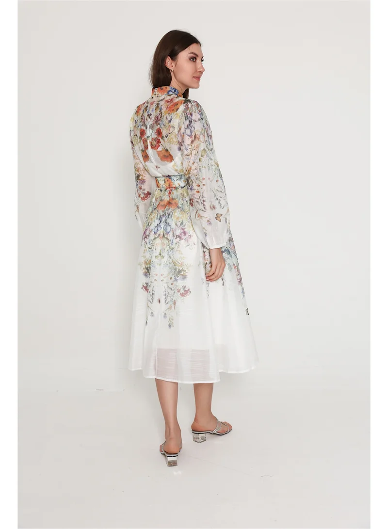 IKKXA Belted Flower Pattern Mid Length Dress IK6017 Beige