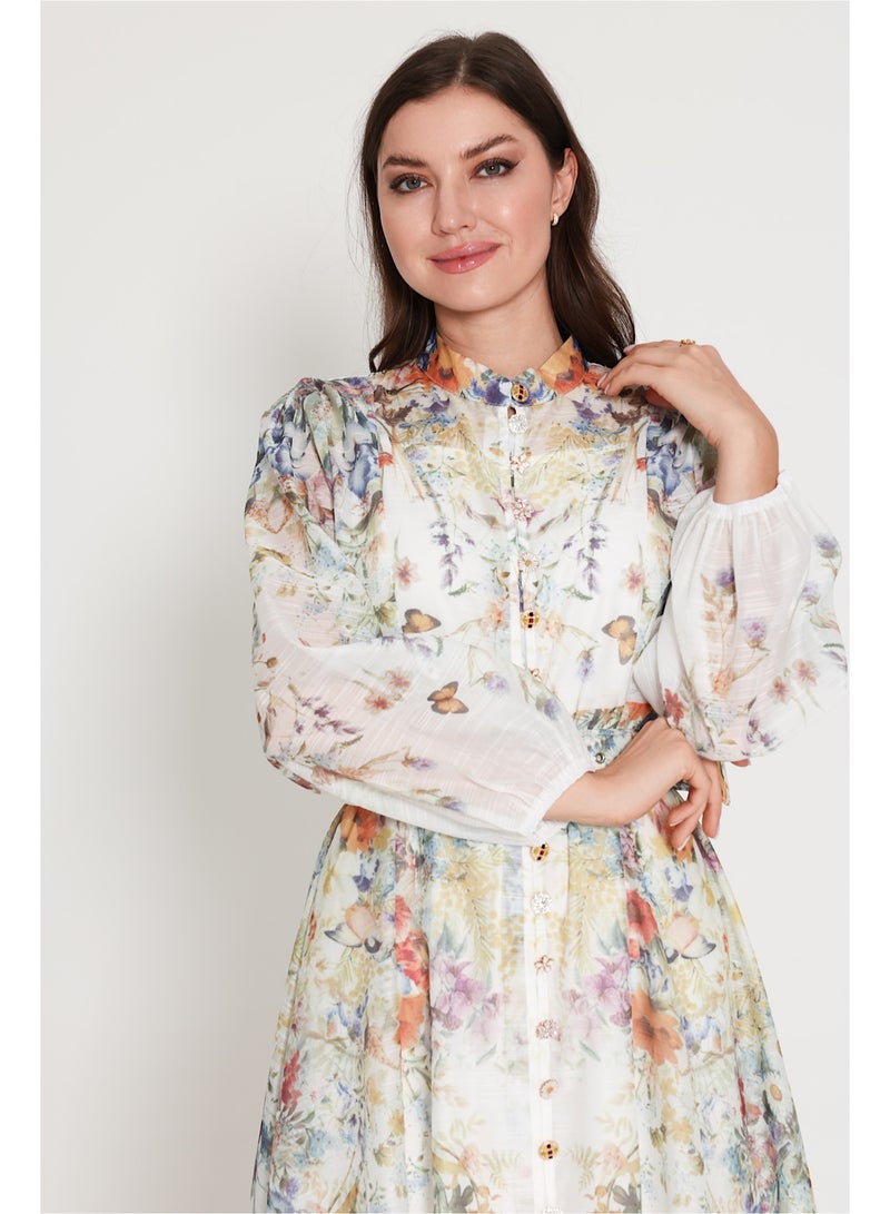 اكسا فستان متوسط الطول بنقشة الزهور وحزام بيج - Image 2