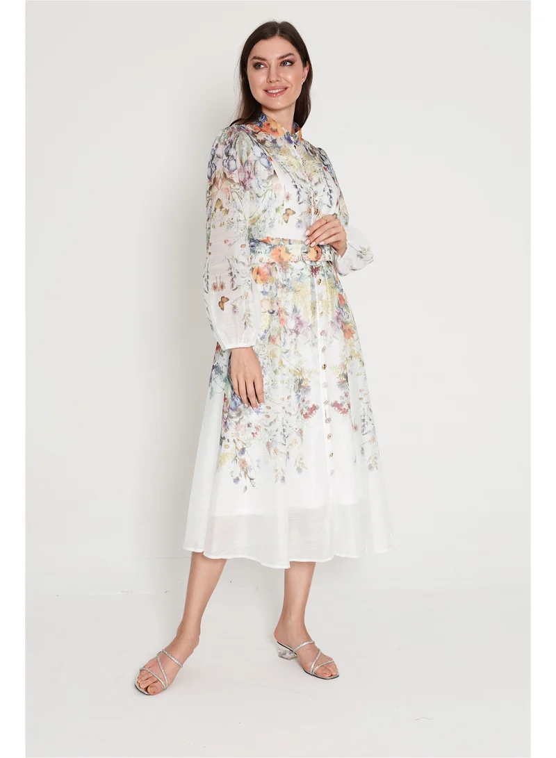 IKKXA Belted Flower Pattern Mid Length Dress IK6017 Beige