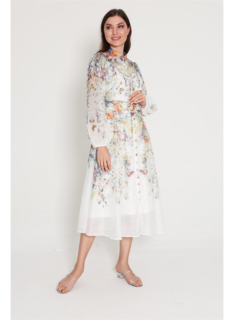 اكسا فستان متوسط الطول بنقشة الزهور وحزام بيج - Image 3