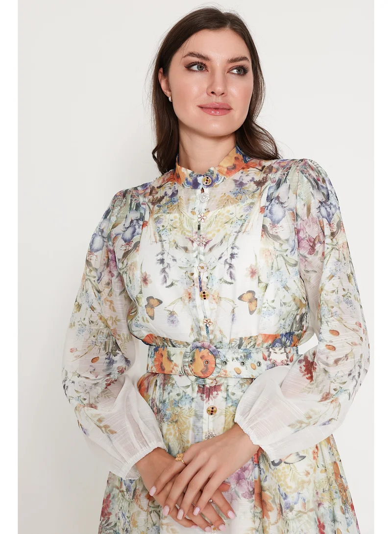IKKXA Belted Flower Pattern Mid Length Dress IK6017 Beige