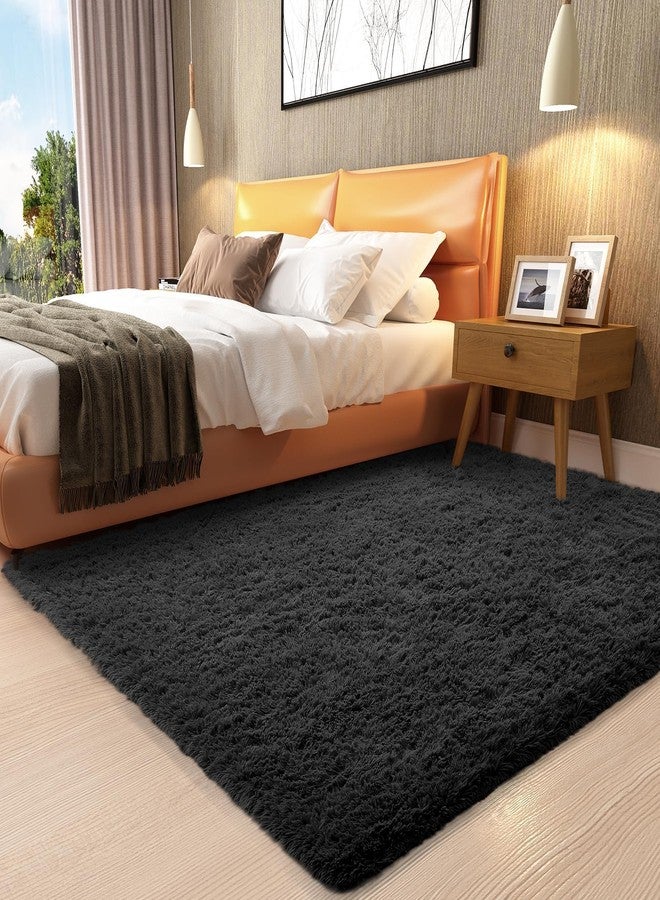 Ophanie 3x5 Black Rugs for College Dorm, Bedroom Small Area Rug, Non-Slip Fluffy Shaggy Bedside Soft Shag Fuzzy Plush Carpet for Kids Boys Teen Home Decor Aesthetic, Nursery - Image 1