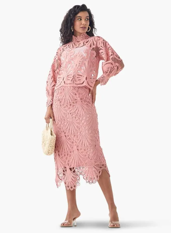 2Xtremz 2Xtremz Lace Textured Midi Skirt with Zip Closure