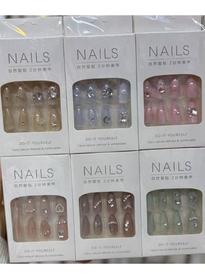 أظافر صناعية لامعة مستورده تثبت بالضغط ، مجموعة أظافر تركيب عن طريق الضغط من 6 لونُا بتغطية كاملة، شكل مستطيل وقصير وبيضاوي للنساء والفتيات،لون لامع