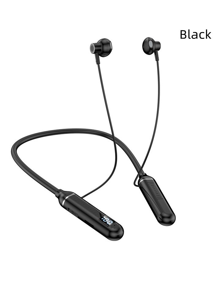 In-ear digital display earphones neck-mounted wireless Bluetooth hanging neck sports earphones long battery life large capacity Bluetooth earphones black