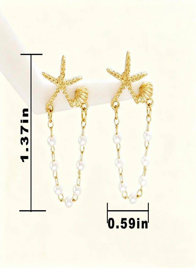 Nanafast Starfish Earrings for Women Pearl Drop Seashell Earrings, Tropical Beach Ocean Dangle, Summer Vacation Beach Jewelry Gifts-gold - Image 3