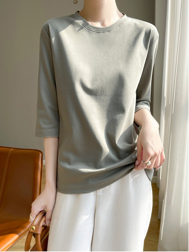 Elegant Mid-Sleeve Top Women'S Seven-Sleeve High-End Positive Shoulder White Combed Cotton Round Neck Short-Sleeved Pure Cotton T-Shirt Trendy - Image 4