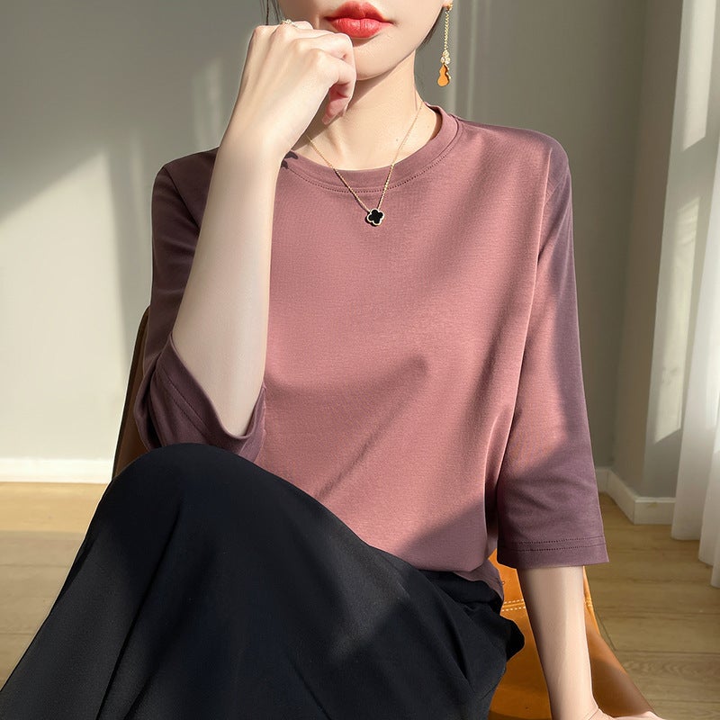 Elegant Mid-Sleeve Top Women'S Seven-Sleeve High-End Positive Shoulder White Combed Cotton Round Neck Short-Sleeved Pure Cotton T-Shirt Trendy - Image 1