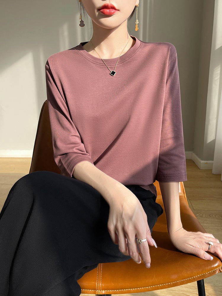 Elegant Mid-Sleeve Top Women'S Seven-Sleeve High-End Positive Shoulder White Combed Cotton Round Neck Short-Sleeved Pure Cotton T-Shirt Trendy - Image 3