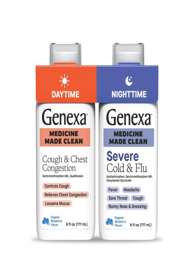 Genexa Clean Cough & Congestion + Nighttime Relief Combo Pack, Dye Free, 0% Artificial Additives, Liquid Multi-Symptom Cough, Cold, & Flu, Organic Blueberry Flavor, 12 fl oz (2 Pack) - Image 1