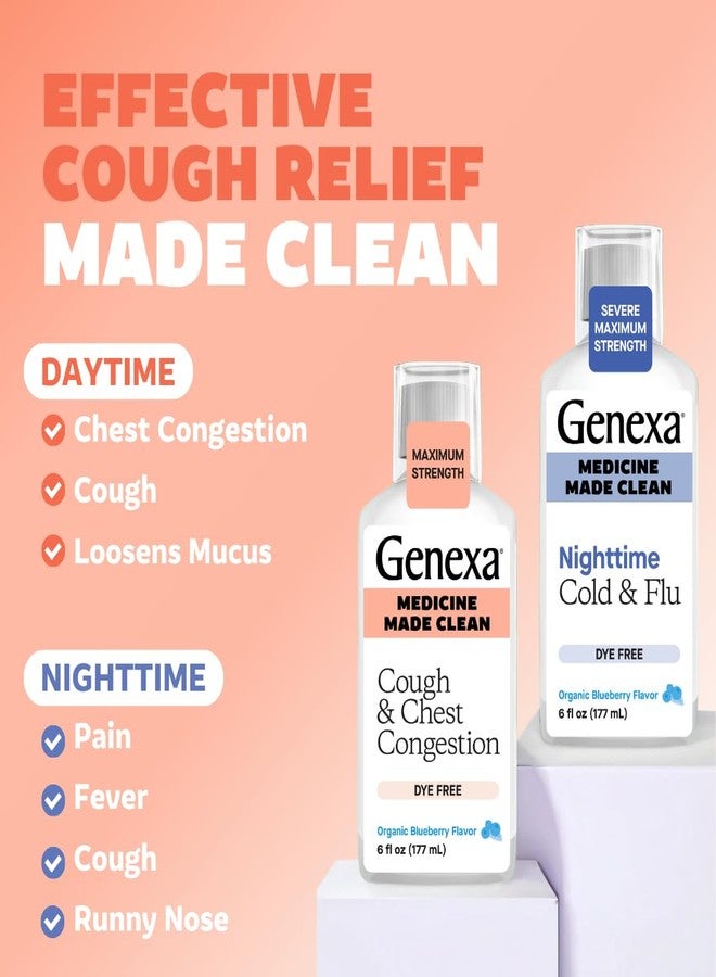 Genexa Clean Cough & Congestion + Nighttime Relief Combo Pack, Dye Free, 0% Artificial Additives, Liquid Multi-Symptom Cough, Cold, & Flu, Organic Blueberry Flavor, 12 fl oz (2 Pack) - Image 4