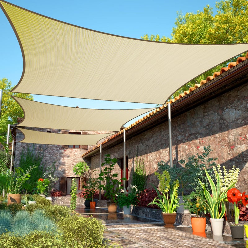 ShadeMart 12' x 16' Beige Sun Shade Sail Rectangle Canopy Fabric Cloth Screen, Water and Air Permeable & UV Resistant, Heavy Duty, Carport Patio Outdoor - (We Customize Size) - Image 1