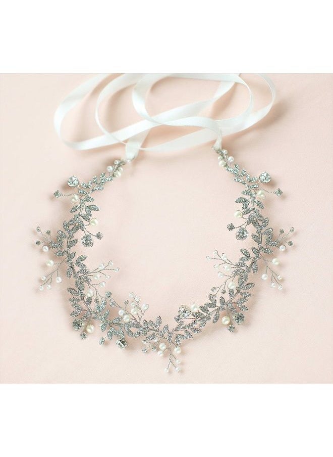 BABEYOND Bridal Headpiece Handmade Wedding Hair Vine Crystal Floral Leaf Headband with Satin Ribbon (Silver)  - Image 1