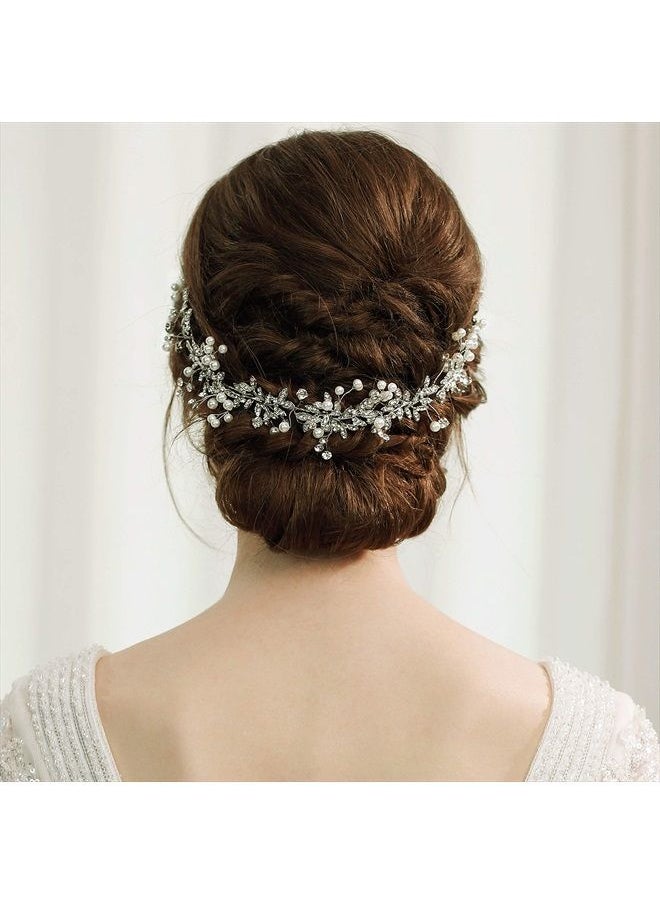 BABEYOND Bridal Headpiece Handmade Wedding Hair Vine Crystal Floral Leaf Headband with Satin Ribbon (Silver)  - Image 2