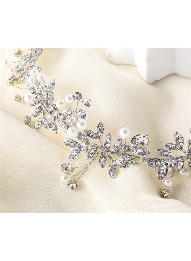 BABEYOND Bridal Headpiece Handmade Wedding Hair Vine Crystal Floral Leaf Headband with Satin Ribbon (Silver)  - Image 4