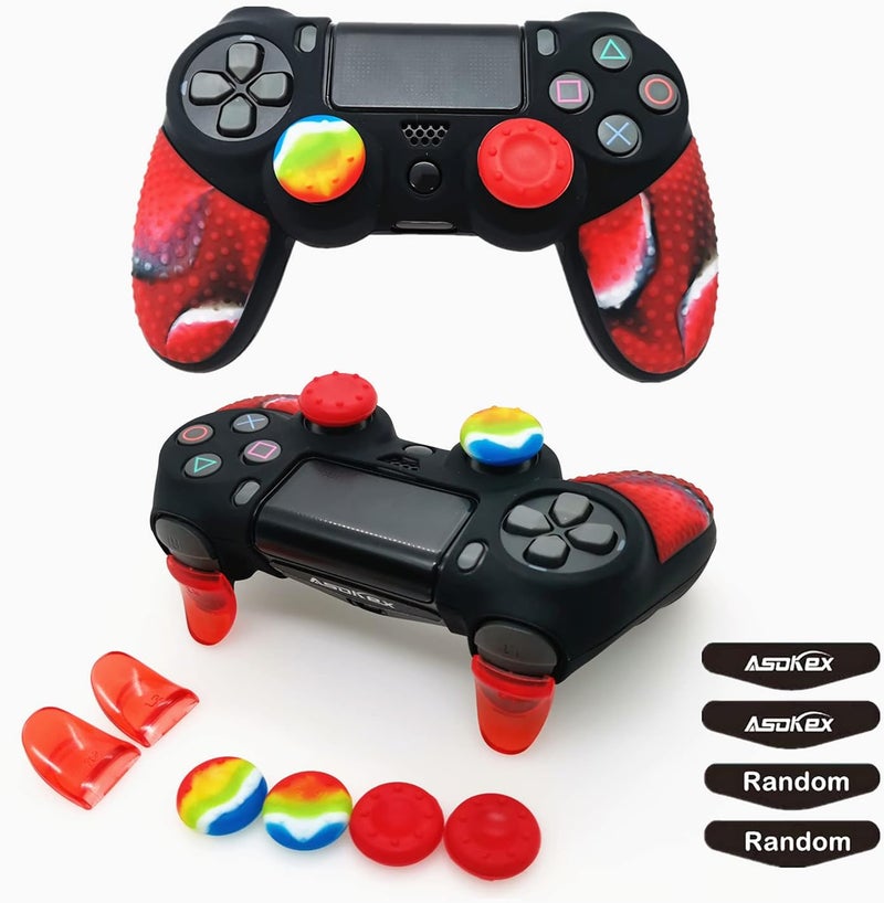 Asokex Silicone Skin Cover for Ps4 Slim/Pro DualShock Controller(1pc Anti-Slip Case, 1 Pair L2 R2 Trigger Extender, 4pcs Thumb Grips,4pcs LED Light Bar Protector Decal)(Double Red granular) - Image 1