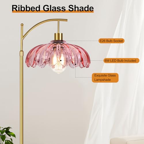 ILLMTW Floor Lamp for Living Room,Bedroom,Gold Dimmable Standing Lamp with Remote,Mid Century Modern Brass Tall Lamp Retro Vintage Pink Glass Lamp Floor Light Boho Bohemian - Image 5