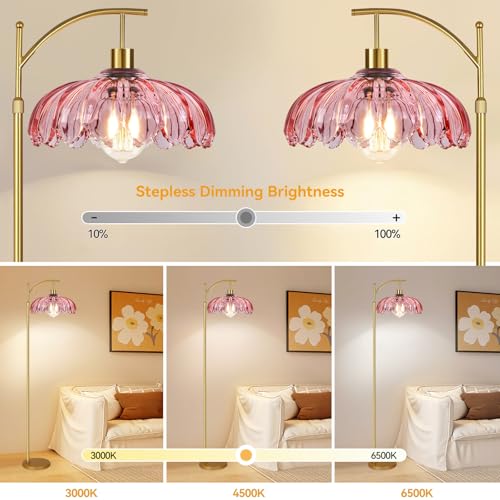 ILLMTW Floor Lamp for Living Room,Bedroom,Gold Dimmable Standing Lamp with Remote,Mid Century Modern Brass Tall Lamp Retro Vintage Pink Glass Lamp Floor Light Boho Bohemian - Image 2