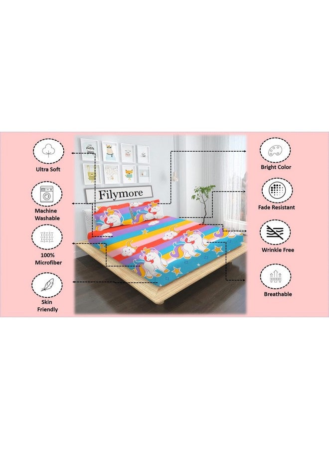 Filymore Unicorn Double Bedsheet Set for Kids Room 240 TC Microfiber Wrinkle Free Soft Hypoallergenic | Cartoon Printed Double Bed Sheet for Standard Bed Size (90x90 Inches)(Multi) - Image 3