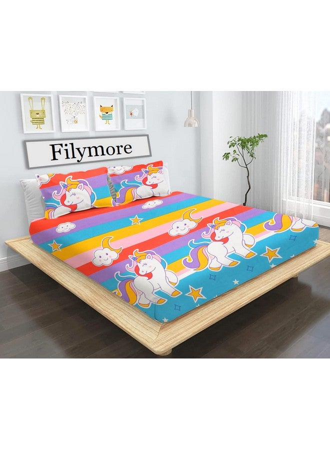 Filymore Unicorn Double Bedsheet Set for Kids Room 240 TC Microfiber Wrinkle Free Soft Hypoallergenic | Cartoon Printed Double Bed Sheet for Standard Bed Size (90x90 Inches)(Multi) - Image 1