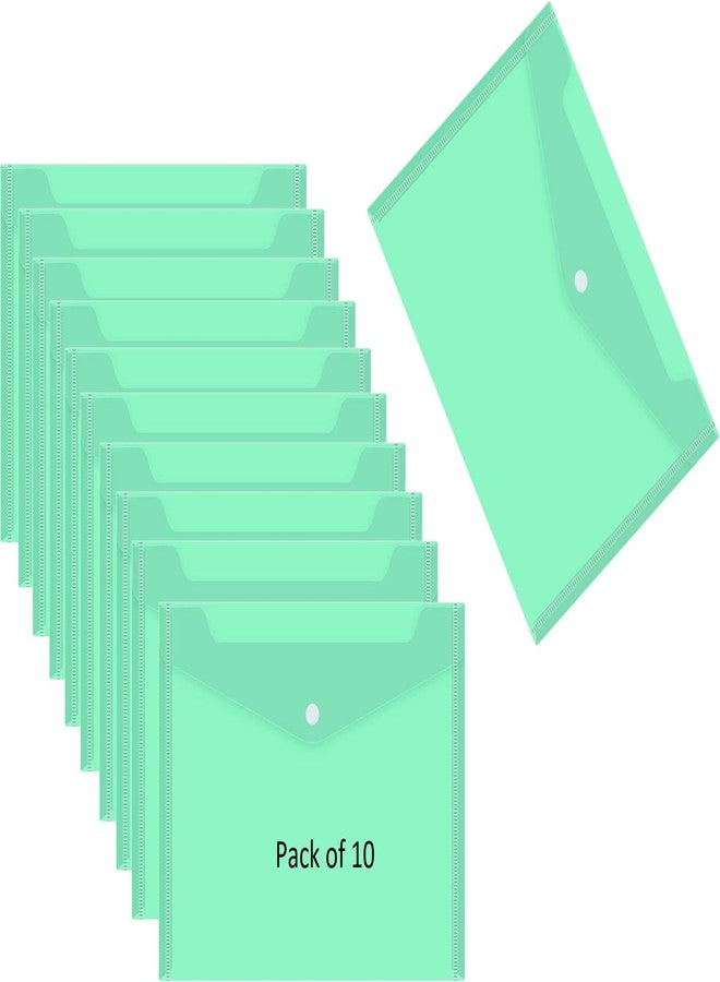 Shining Zon A4, FS Size Envelope Document Certificates File Folder Bag Multicolour Holder Storage Case Snap Button Clear Plastic Container for Papers Stationery - (Pack of 10 Green) - Image 1