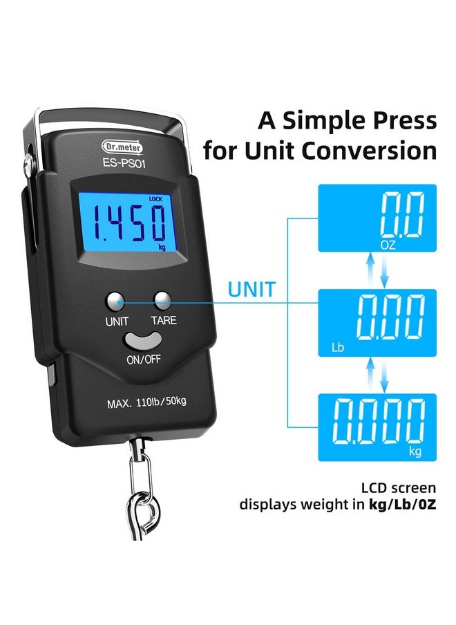 Dr.Meter Dr.meter PS01 Fishing Scale with Fish Lip Gripper - 110lb/50kg Backlit LCD Display Digital Scale with Built-in Measuring Tape + Stainless Steel Fish Holder Tool Set, Fishing Gifts for Men  - Image 4