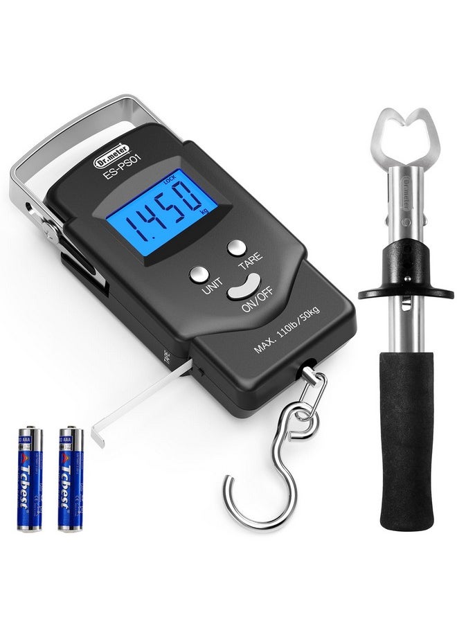 Dr.Meter Dr.meter PS01 Fishing Scale with Fish Lip Gripper - 110lb/50kg Backlit LCD Display Digital Scale with Built-in Measuring Tape + Stainless Steel Fish Holder Tool Set, Fishing Gifts for Men  - Image 1