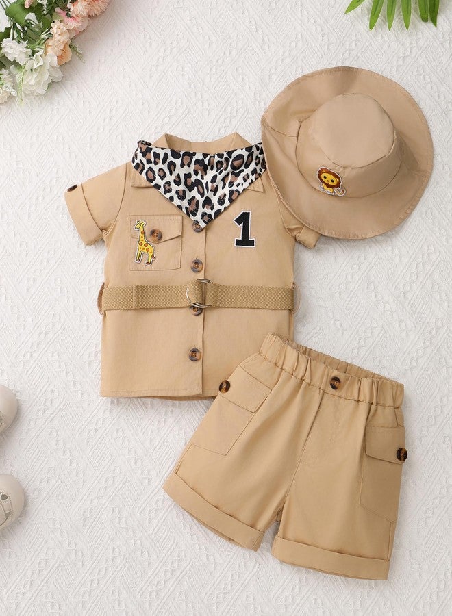 OBEEII Toddler Baby Boys Safari Outfit Infant Explorer Wild 1st Birthday Short Sleeve T-shirt Top Shorts Set Giraffe Zoo Keeper Jungle Cake Smash Photoshoot Outfits + Hat + Belt Khaki 6-12 Months - Image 2